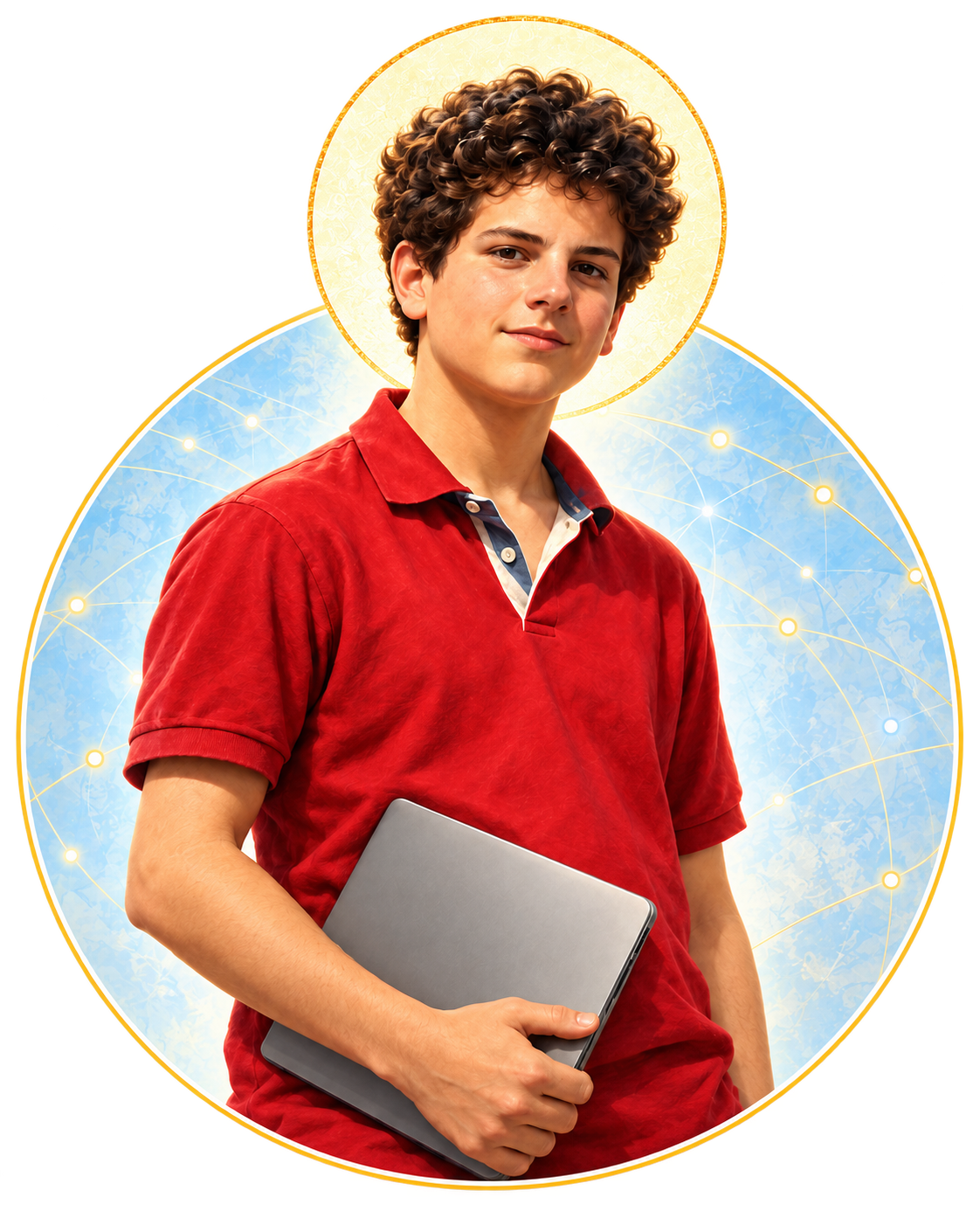 Ilustração devocional de São Carlo Acutis com um computador